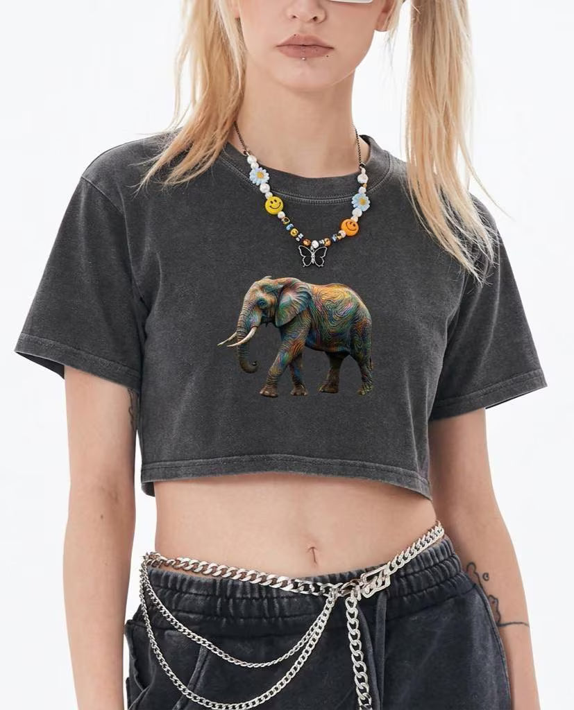 Minimalist Elephant Crop Top, Colorful Abstract Animal Tee, Earth Awareness Shirt
