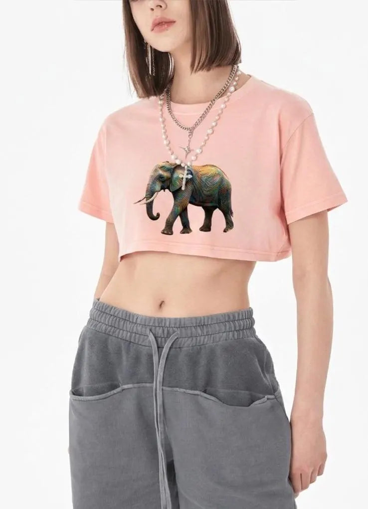 Minimalist Elephant Crop Top, Colorful Abstract Animal Tee, Earth Awareness Shirt