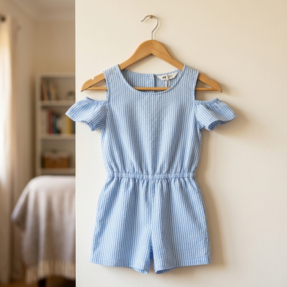 Mono Rayas Azul Cold-Shoulder con Volantes