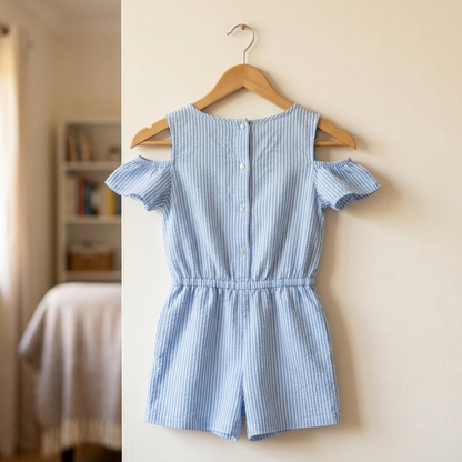Mono Rayas Azul Cold-Shoulder con Volantes